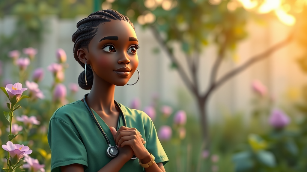 Reflective African community health worker takes a peaceful wellness break in a lush garden, prioritizing mental health - mental health, community health worker, africa pioneers championing strategies to promote first point care and profesionalize community health initiatives