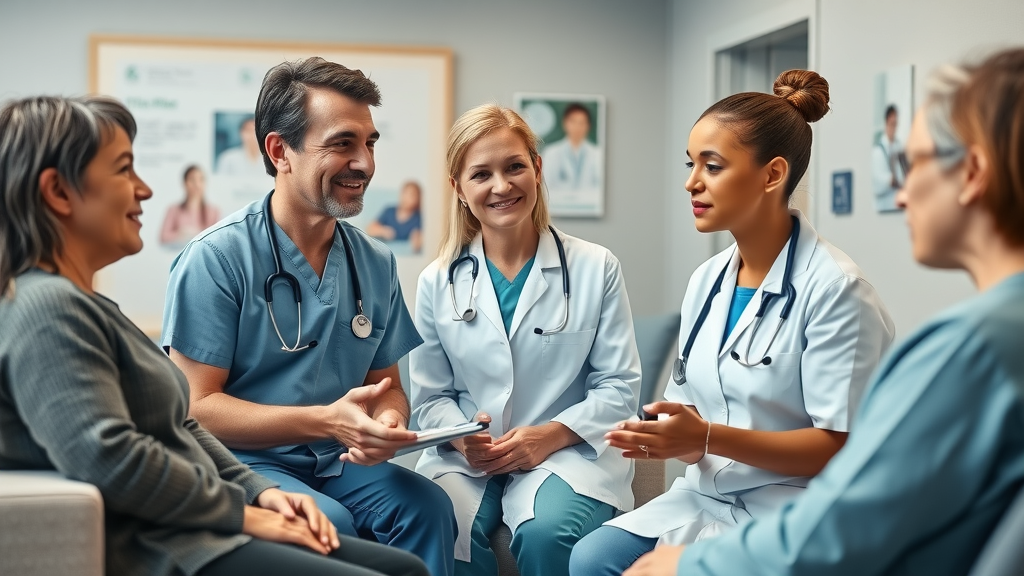 Compassionate healthcare professionals consulting with patients inside Medcare Services Uganda, illustrating attentive and engaging care services