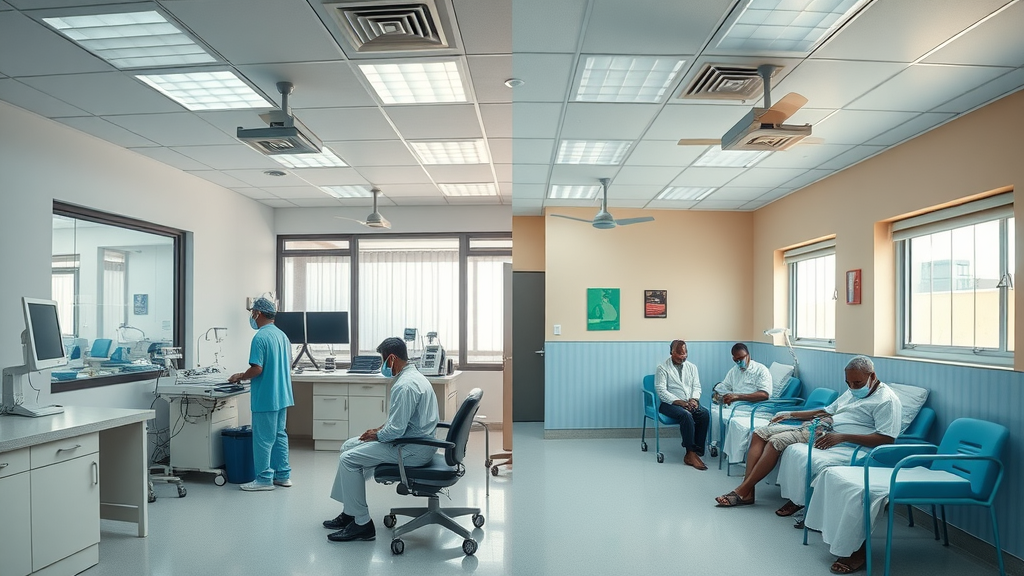 Modern Case Clinic Medcare interior contrasted with traditional Ugandan clinic setting