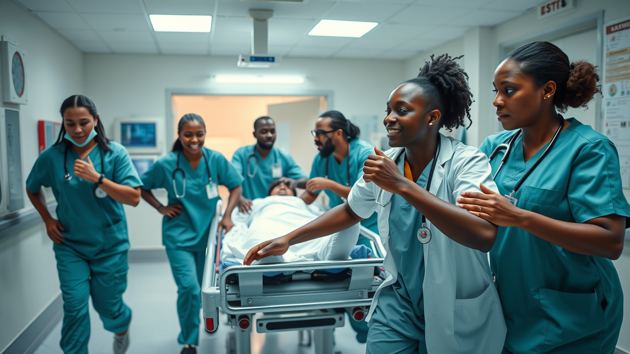 Case Clinic Medcare emergency referral hospital department with doctors and nurses rushing a patient