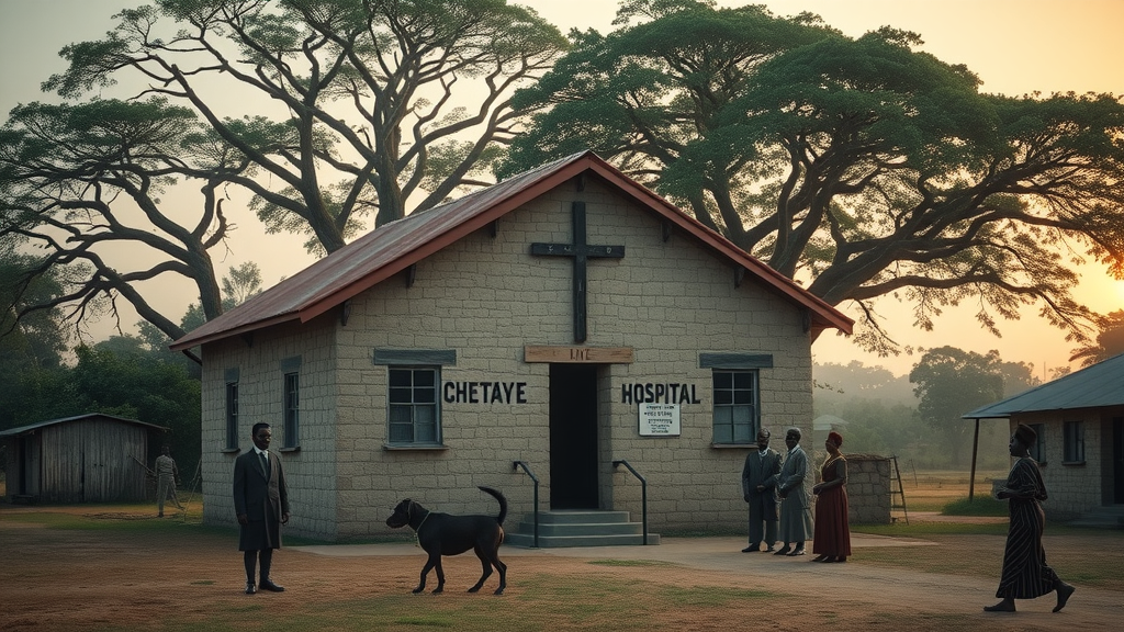 Historic missionary hospital in rural Uganda surrounded by village environment