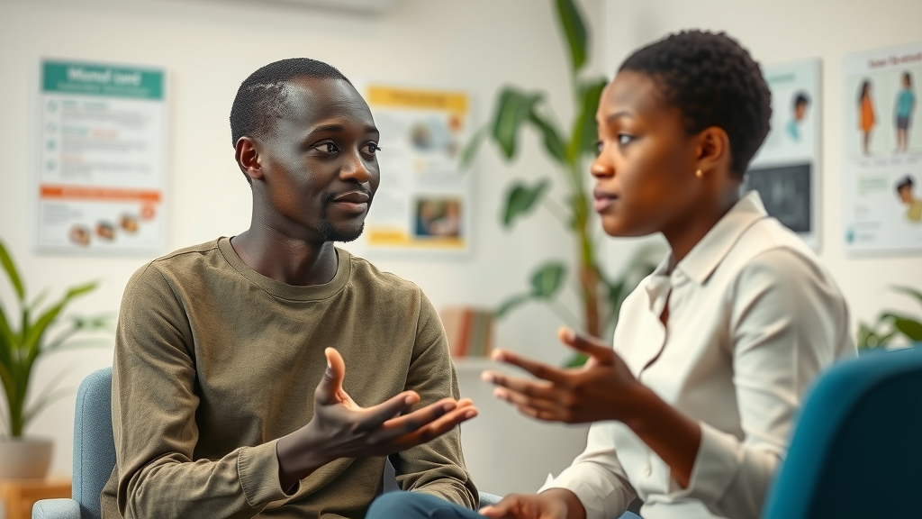 Ugandan counselor guiding a patient, modern mental health clinic in Uganda