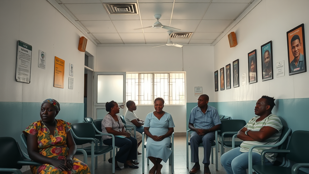 Modern Uganda healthcare providers clinic waiting area with patients.