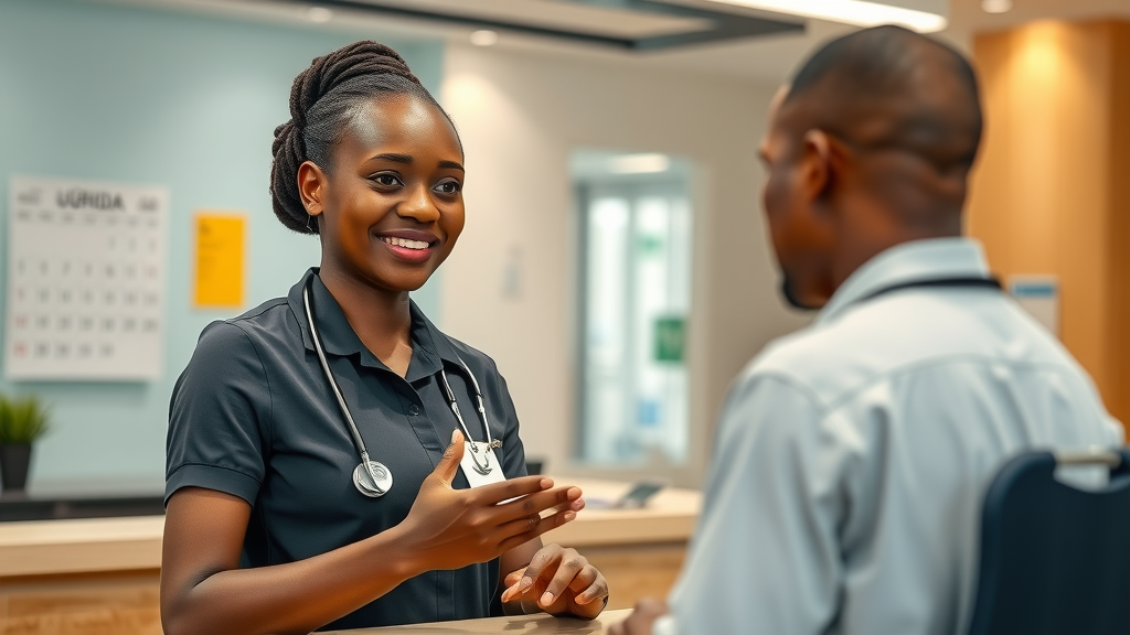 Friendly Ugandan healthcare provider receptionist assisting patient with appointment booking.