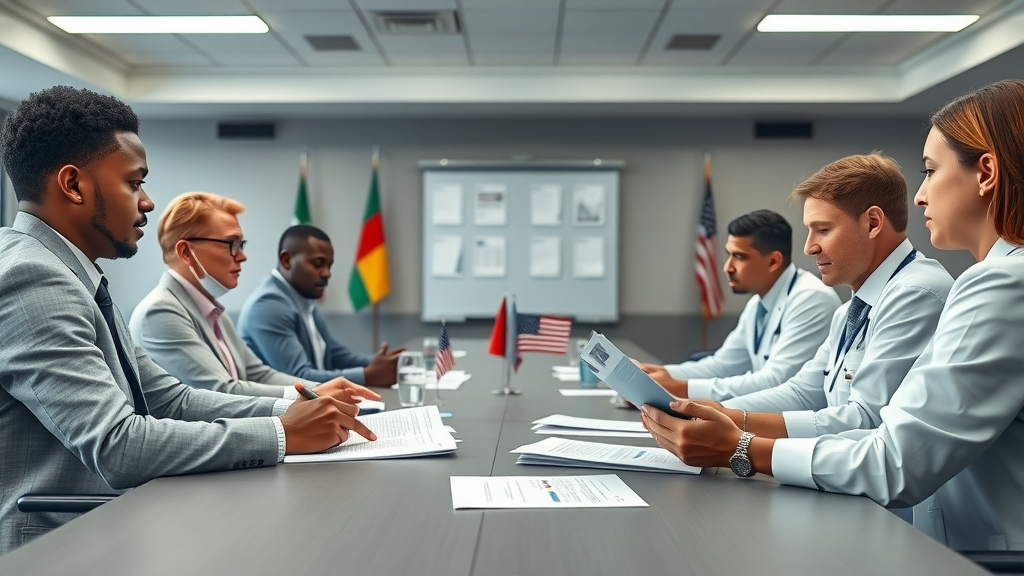 Healthcare researchers in a comparative study of African and United States community health programs, examining documents in a modern conference setting - community health programs, united states, africa pioneers championing strategies to promote first point care and profesionalize community health initiatives