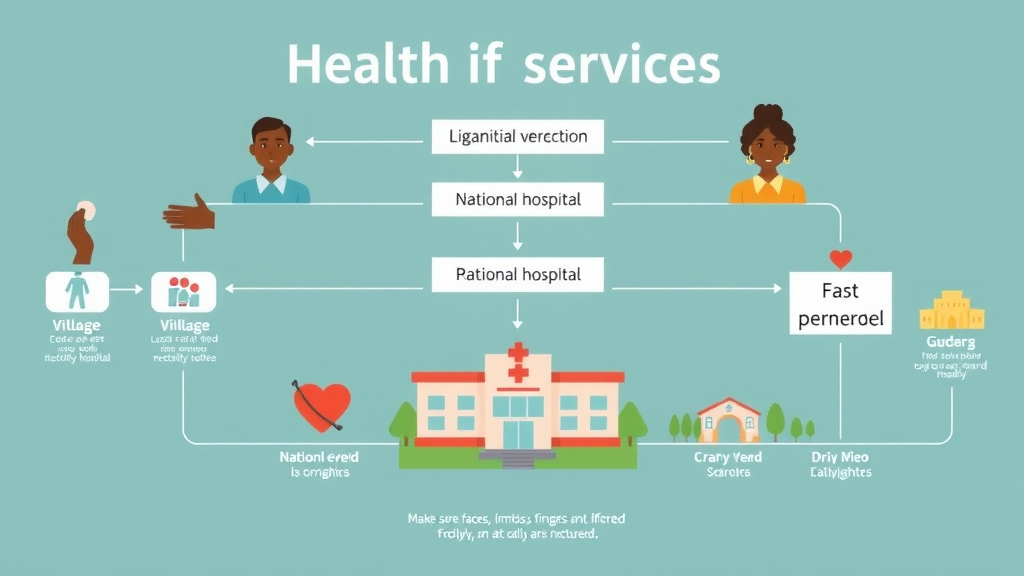 Infographic illustration of six levels of health service delivery in Uganda, healthcare services Uganda, visual hierarchy