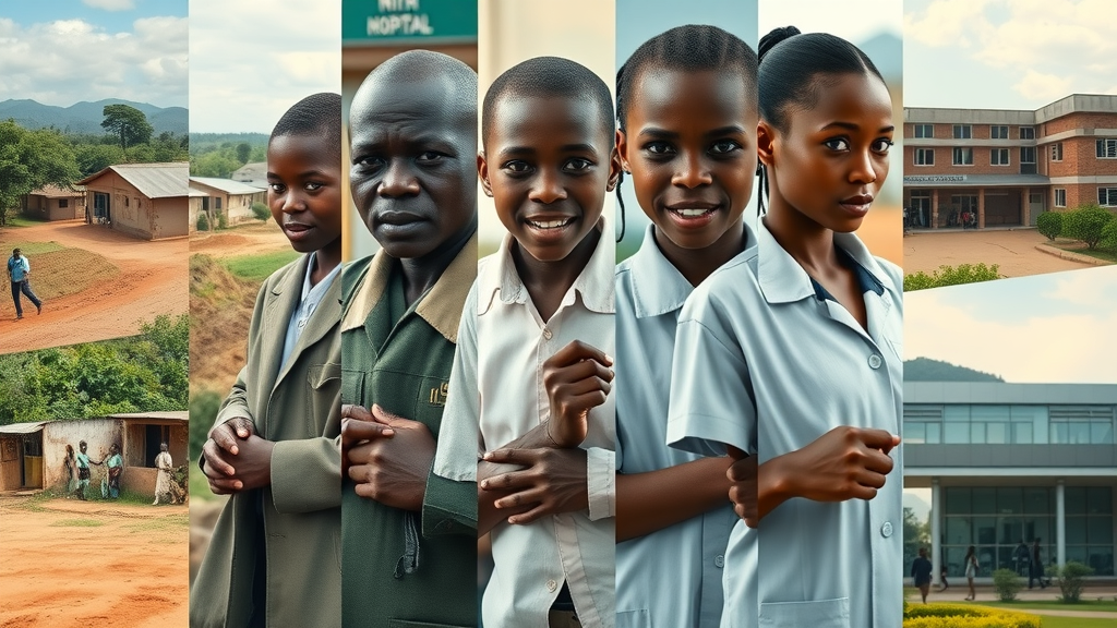 Collage showing Ugandan healthcare facility types from village to national hospital, healthcare services Uganda