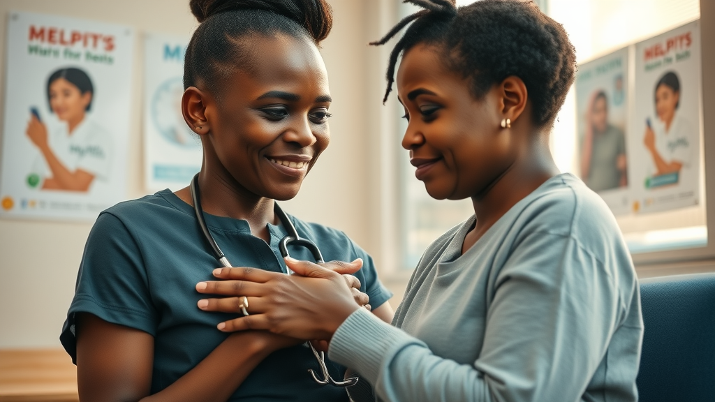 Empathetic African mental health worker supports family at a community clinic, integrating mental health into first point care - mental health, africa pioneers championing strategies to promote first point care and profesionalize community health initiatives