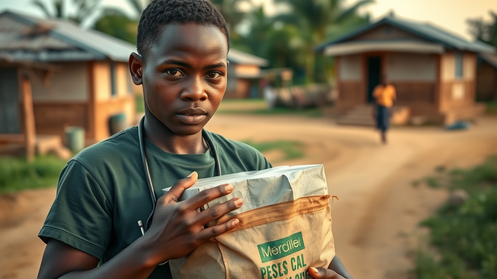Ugandan healthcare worker delivering medical supplies on dirt road, rural healthcare services Uganda, village setting