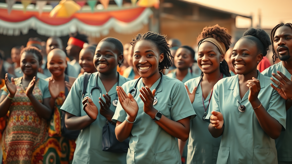 Joyful African community celebrates and recognizes community health workers in a colorful open-air event - health worker motivation, africa pioneers championing strategies to promote first point care and profesionalize community health initiatives