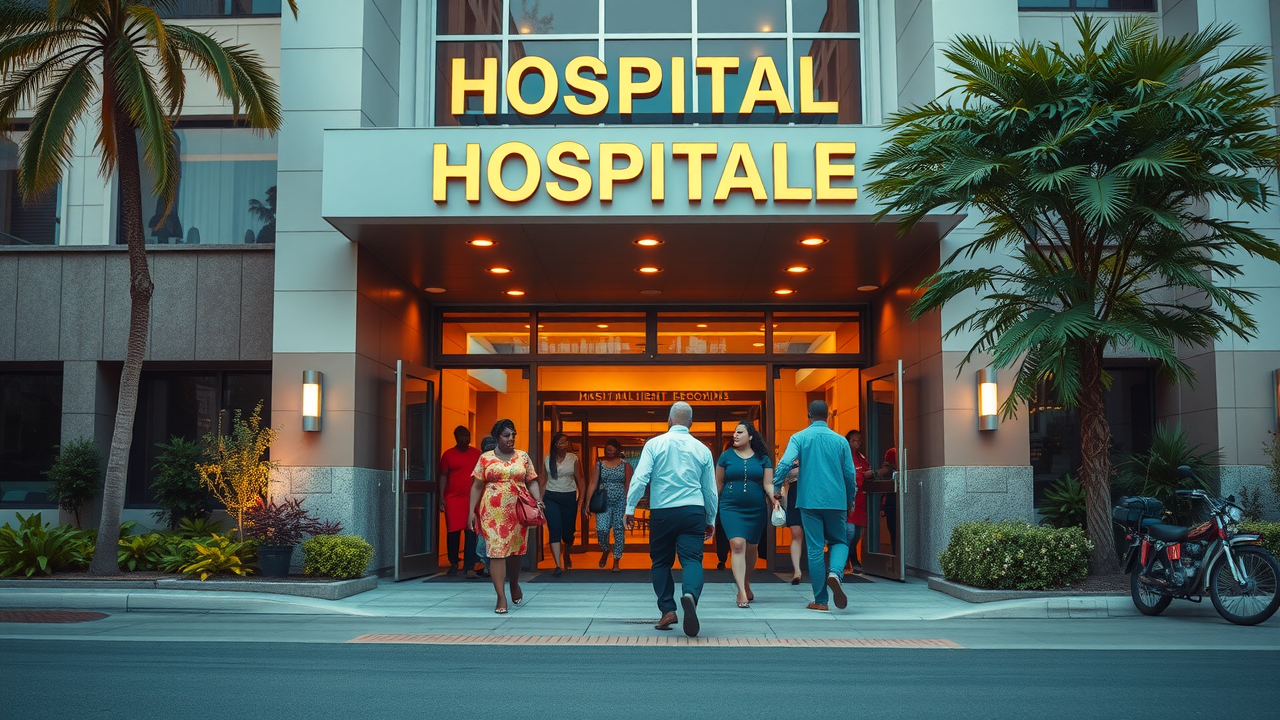 Prestigious Uganda hospital exterior with patients entering and vibrant landscaping.
