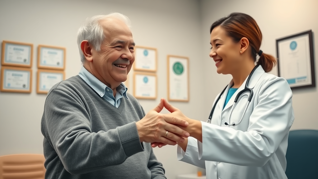 Satisfied elderly patient expressing gratitude to Medcare clinic facilities doctor after successful treatment