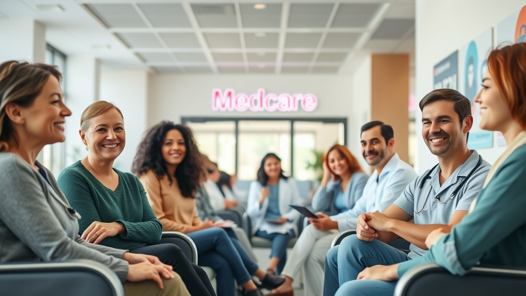 Inviting modern Medcare clinic facilities lobby with smiling patients waiting comfortably and welcoming branded signage