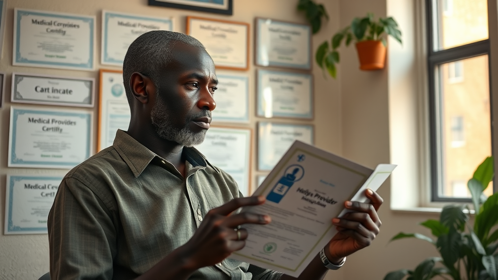 Ugandan patient reviewing healthcare provider certificates and accreditation.