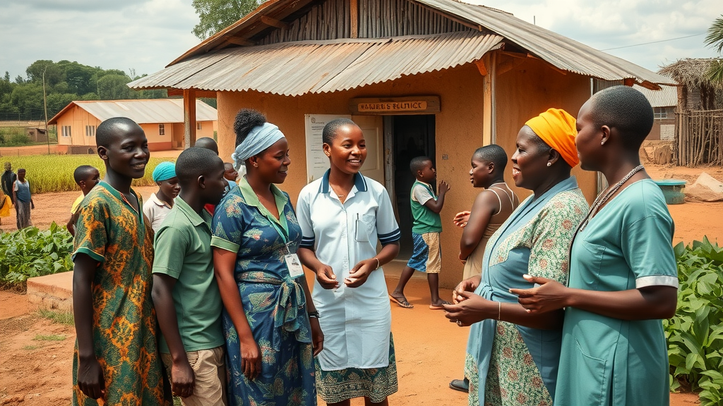Confident African community health workers directing residents at a rural health post, demonstrating decentralized care delivery - africa pioneers championing strategies to promote first point care and profesionalize community health initiatives