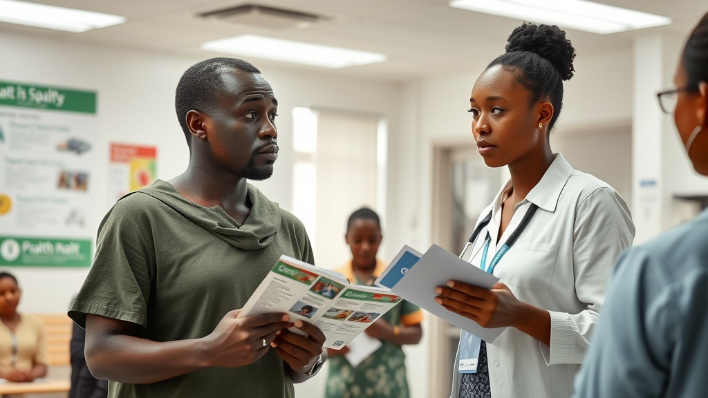 Informed Ugandan family discussing with clinic receptionist, healthcare services Uganda, modern health facility