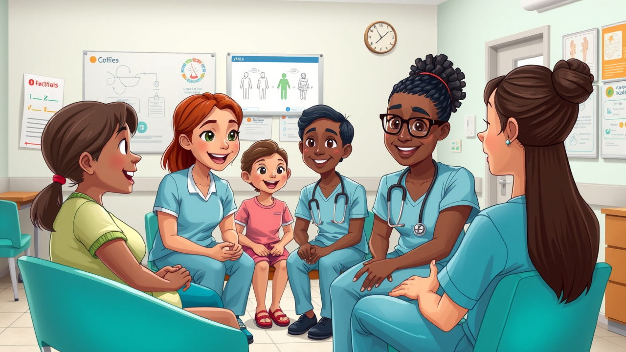 Case Clinic patient care with nurse educator leading family education session in a cheerful clinic training room