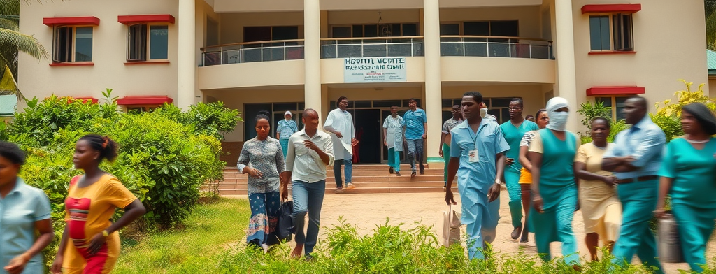 Ugandan hospital exterior bustling with healthcare workers and patients, healthcare services Uganda, greenery, high fidelity