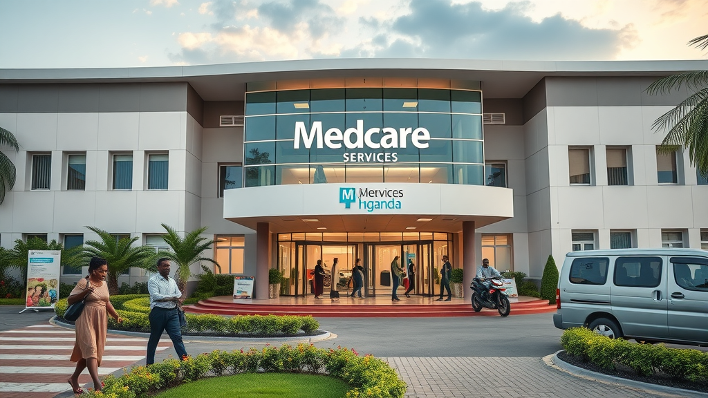 Medcare Services Uganda modern hospital exterior with signage, bustling activity and welcoming atmosphere