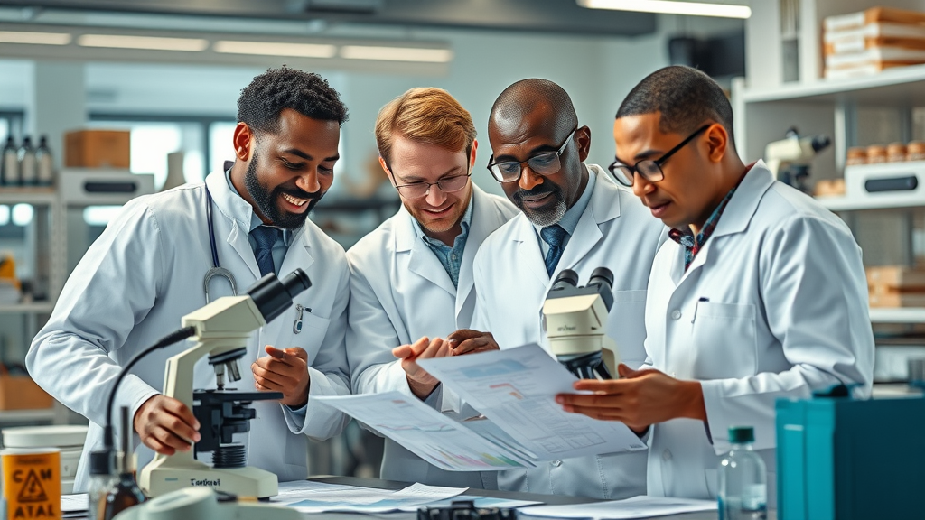 Global healthcare services medical research team East Africa advances innovation collaboration data charts laboratory