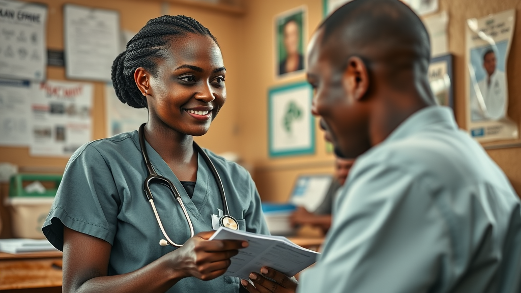 Ugandan primary healthcare nurse attending to a patient, healthcare services Uganda, clinic interior, compassionate care