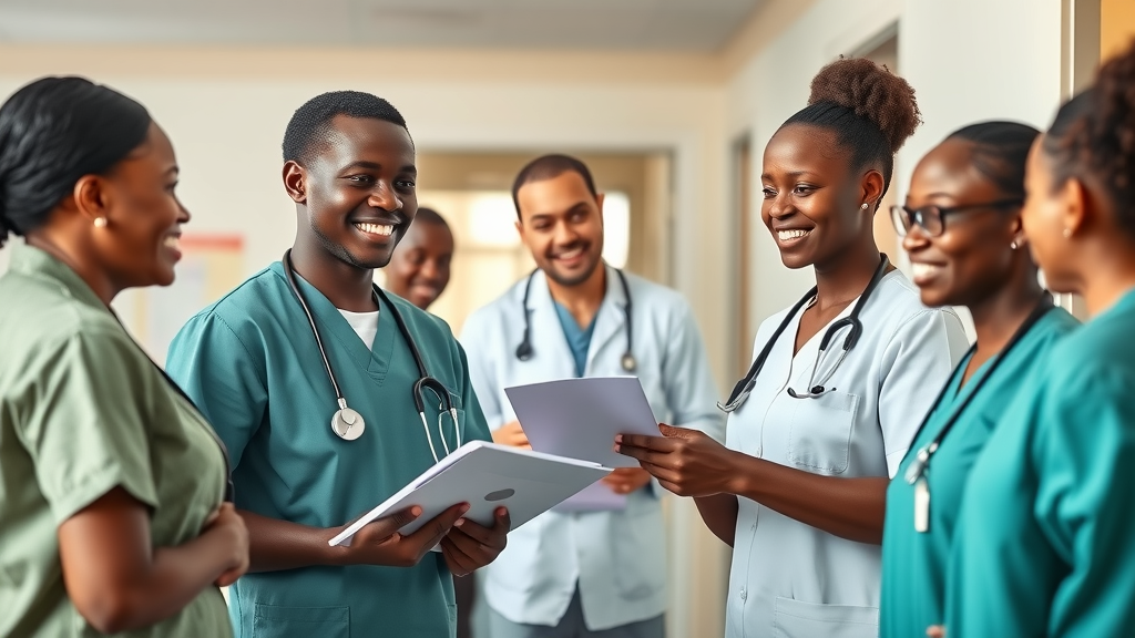 Welcoming Uganda healthcare providers interacting with patients at a hospital reception.