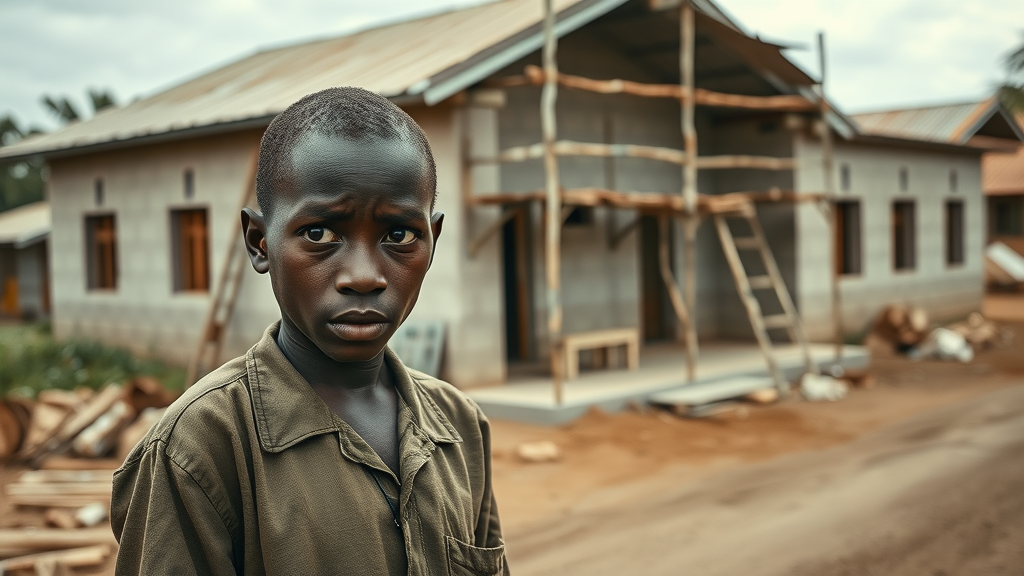 Ugandan health clinic with incomplete construction, infrastructural gaps, healthcare services Uganda, photorealistic