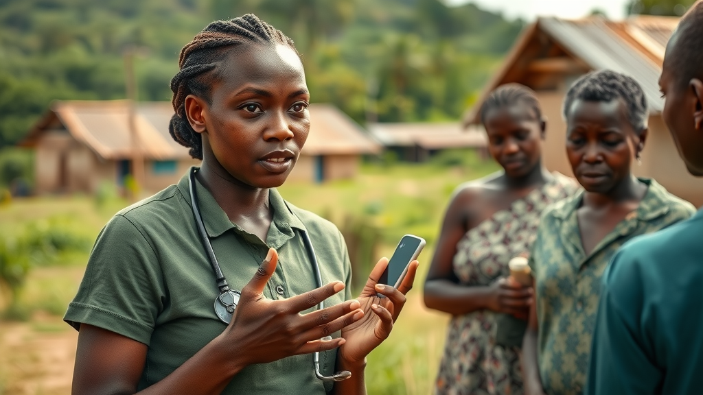 Inspirational African community health worker engaging with local residents, promoting first point care in a lush village setting - africa pioneers championing strategies to promote first point care and profesionalize community health initiatives