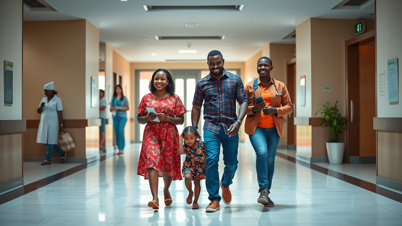 Motivated young Ugandan family entering Case Clinic Medcare, greeted by staff, modern hospital foyer
