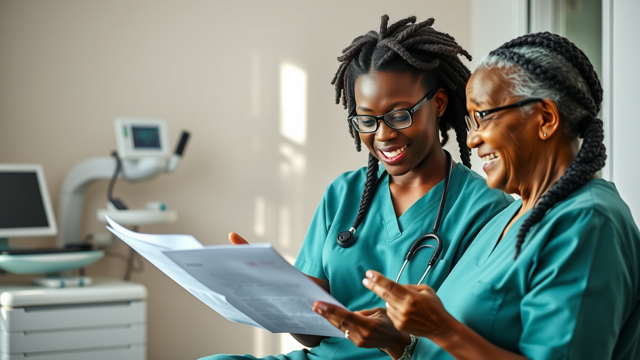 Case Clinic patient care with attentive case manager explaining a care plan to an elderly patient in a private consultation room