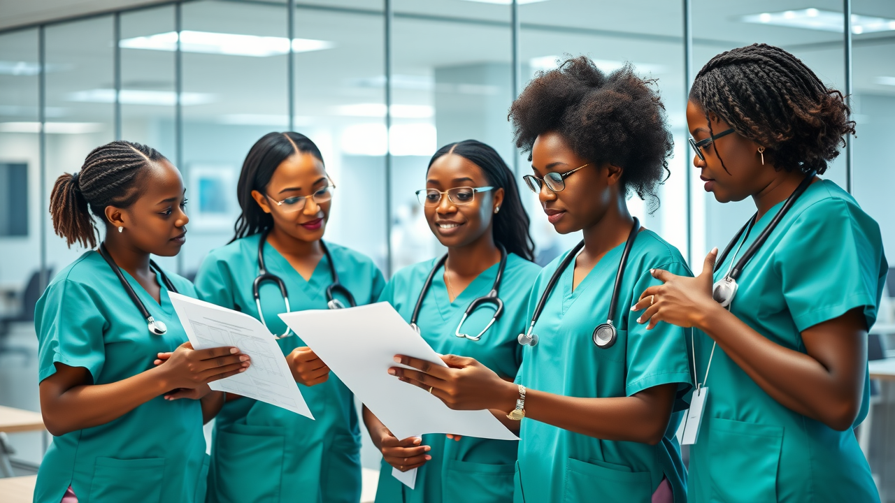 Case Clinic patient care with compassionate diverse healthcare team discussing patient charts in a modern medical conference room