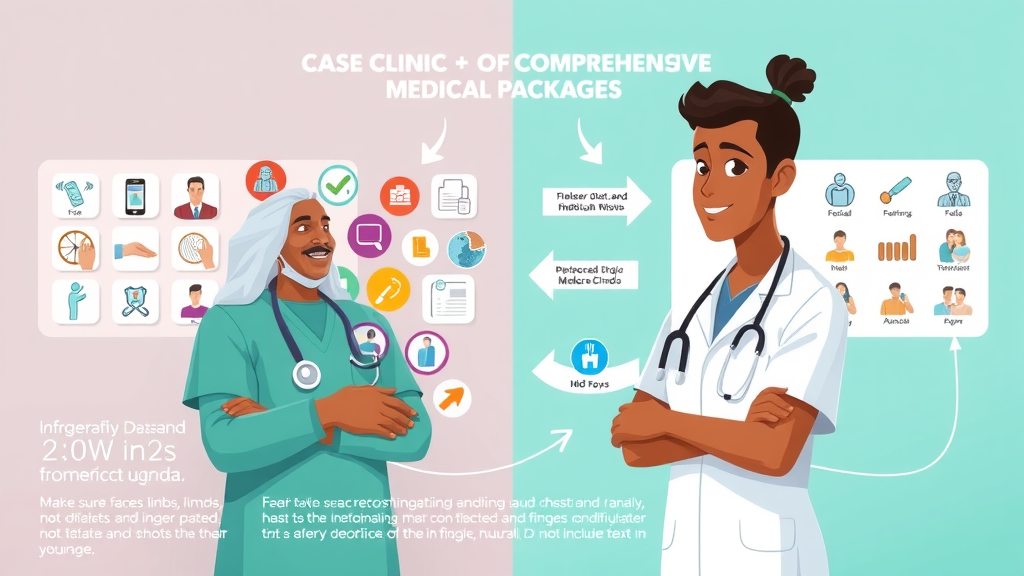 Infographic comparing comprehensive packages at Case Clinic Medcare Uganda and basic offerings at other centres