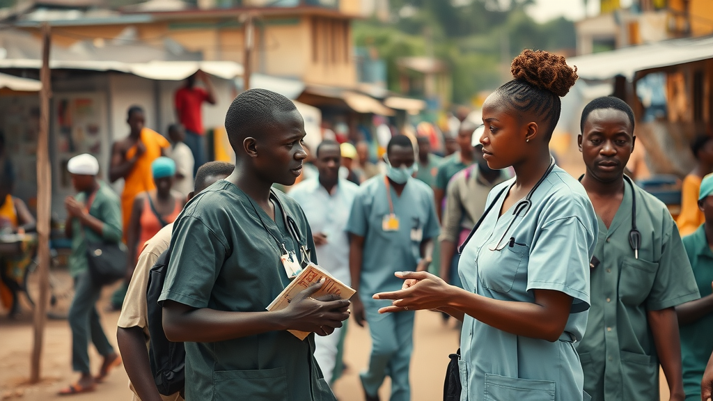 Ugandan cityscape showing bustling clinics and healthcare workers, public health in action, epidemeology insights from case clinic news