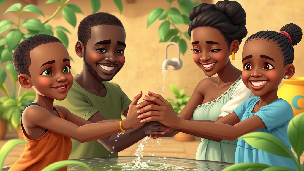 Healthy Ugandan family taking prevention measures against infectious diseases, promoting host resilience in epidemiology