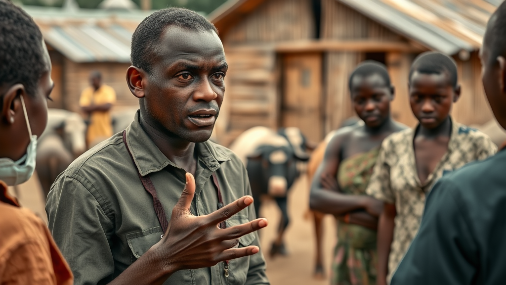 Ugandan health investigator conducting outbreak investigation in rural village setting