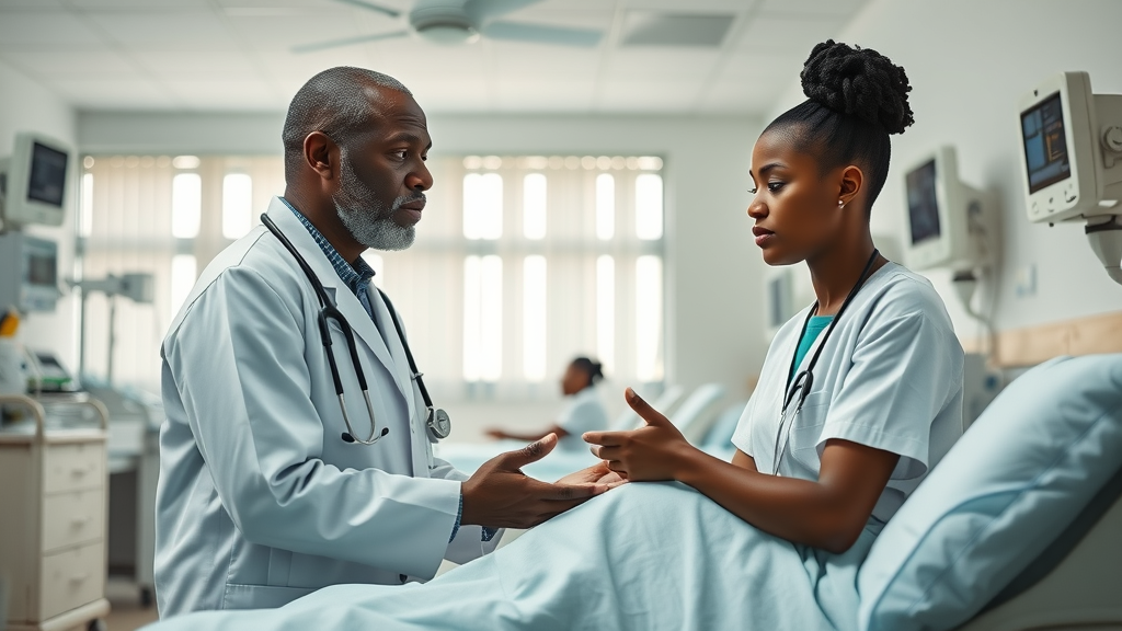 Ugandan doctor consulting patients with HIV/AIDS, malaria, and Ebola in a modern clinic setting, significant infectious diseases in case clinic news