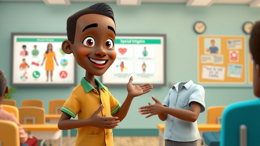 Animated Ugandan presenter explaining epidemiology basics in a classroom setting, public health education visual guide