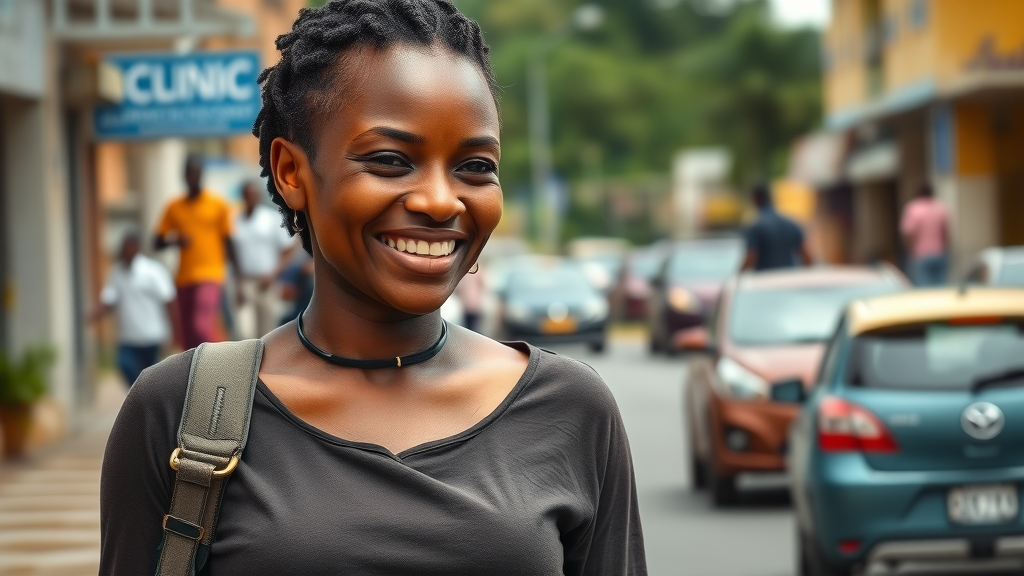 confident Ugandan woman walking near a city clinic in Kampala, representing cervical cancer screening and preventive care
