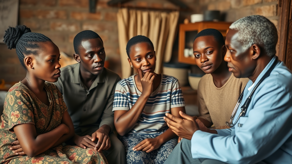 Ugandan family discussing cervical cancer screening with a medical health worker in a Kampala home