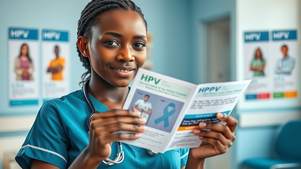 Ugandan nurse holds up HPV vaccine and cervical cancer prevention pamphlet at a clinic, informing patients