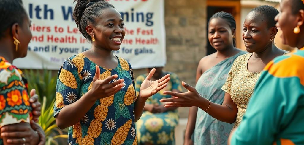 Ugandan female health educator teaching cancer prevention and cervical screening to local women at a community center
