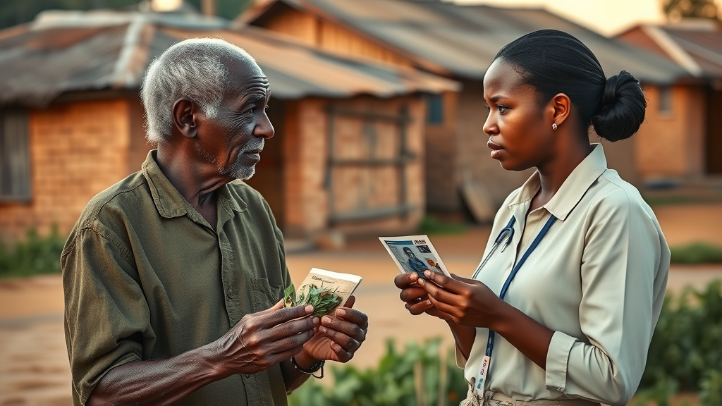 Ugandan elder and female health worker exchanging traditional herbs and educational materials on cervical cancer prevention in a rural village