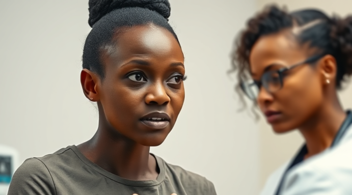 Ugandan woman consulting a female doctor about fibroids and reproductive health in a clinic with ultrasound equipment