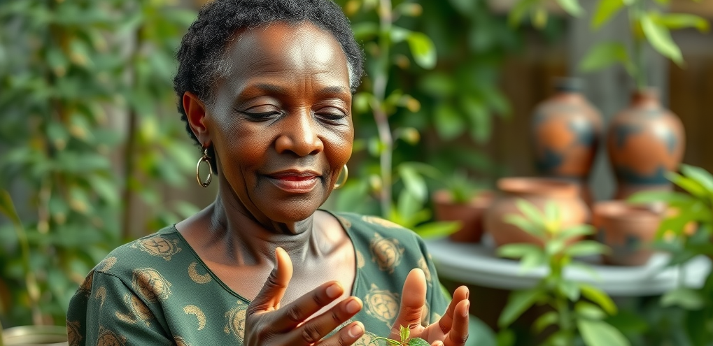 Ugandan woman practices traditional herbal self-care for menopause symptoms in a lush home garden