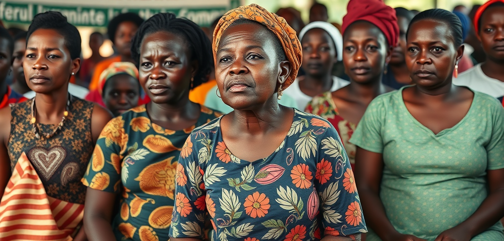 Group of Ugandan women attending a community healthcare session on cancer screening and prevention, learning from health workers