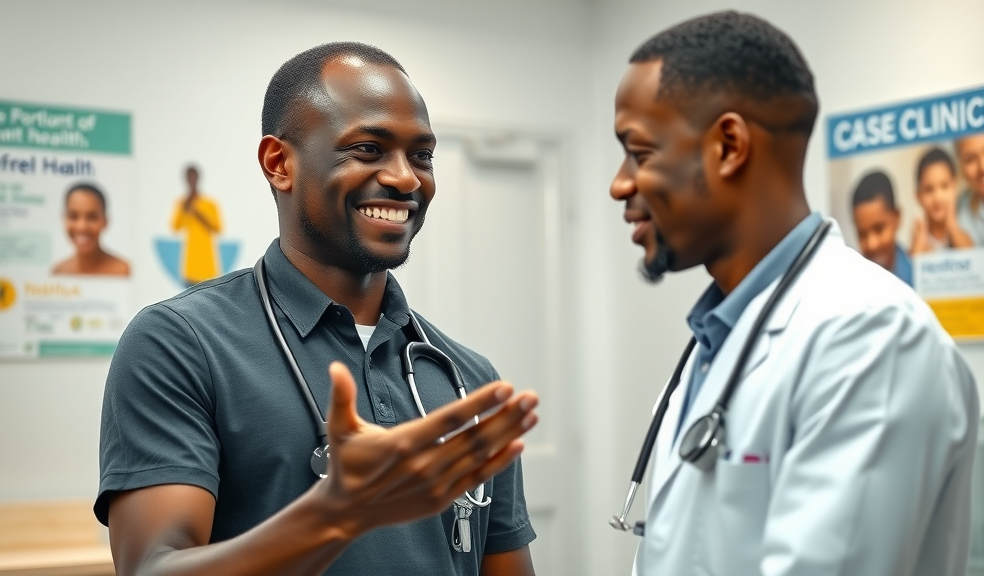 Compassionate Ugandan male doctor gestures supportively toward a male patient in a modern clinic—men