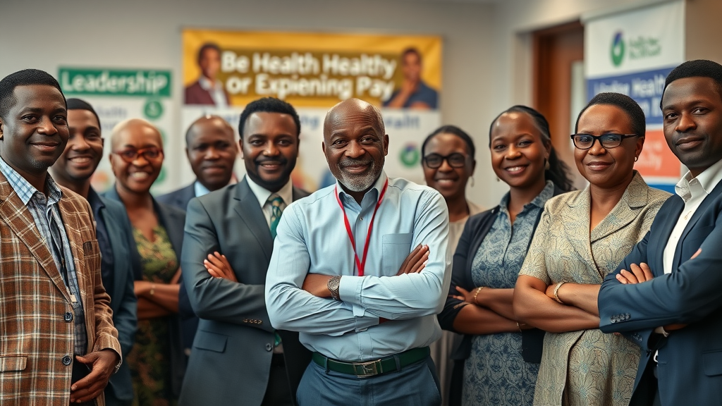 Group of Ugandan business and community leaders exemplifying strong leadership through men