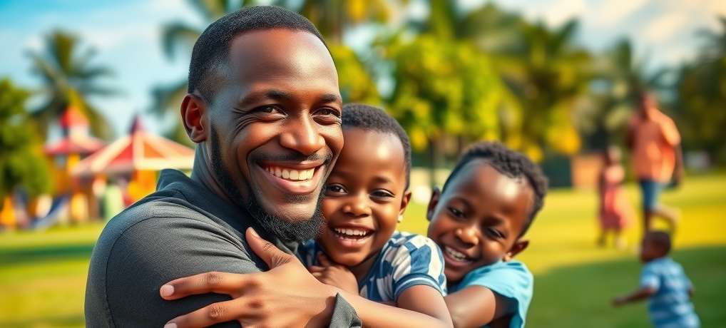 Smiling Ugandan man embraces his children outdoors after acting on men