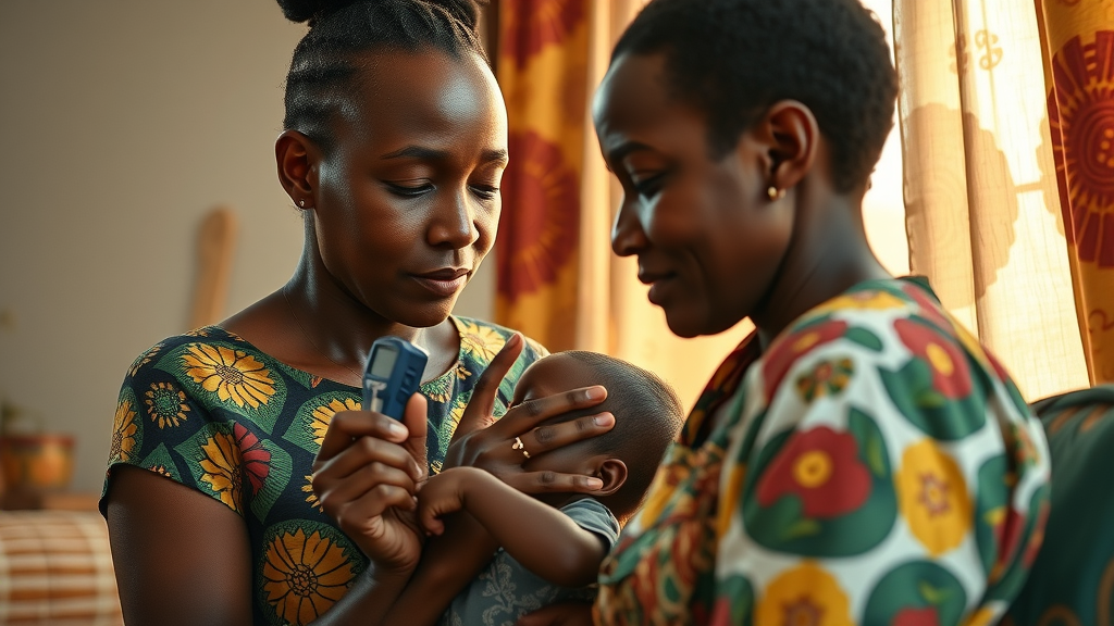 Concerned Ugandan mother checking child