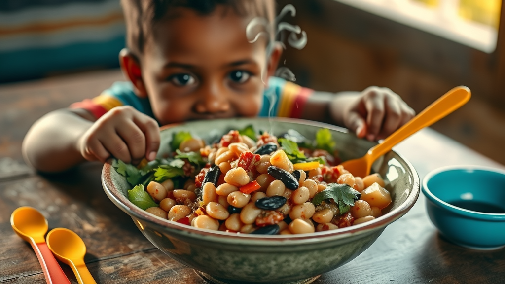 Colorful Ugandan child’s meal with matoke, beans, and greens; childhood nutrition matoke beans Uganda; healthy child meal plan